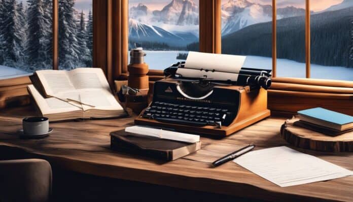 Een verweerd houten bureau voor een besneeuwde bergachtige achtergrond.