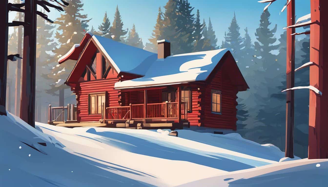 Een traditionele Canadese hut in een besneeuwd boslandschap met een vredige sfeer.
