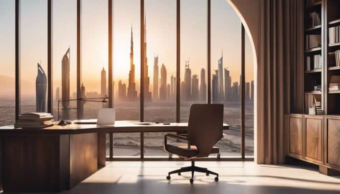 Een leeg kantoorbureau met uitzicht op de skyline van Dubai. Een leeg kantoorbureau met uitzicht op de skyline van Dubai.