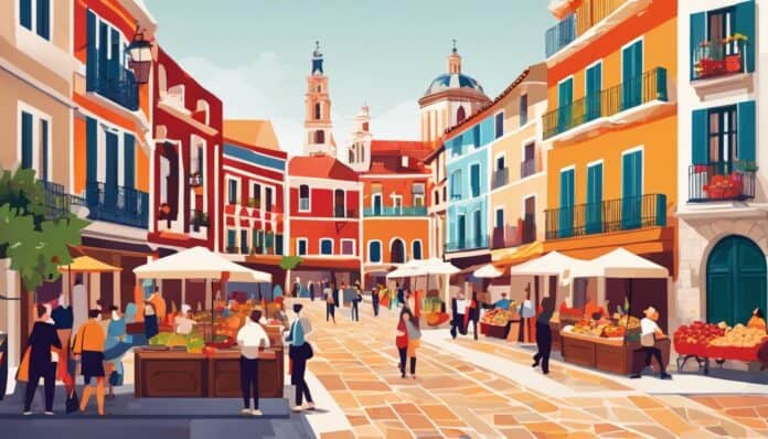 Een schilderachtig Spaans plein met levendige gebouwen en een drukke markt.