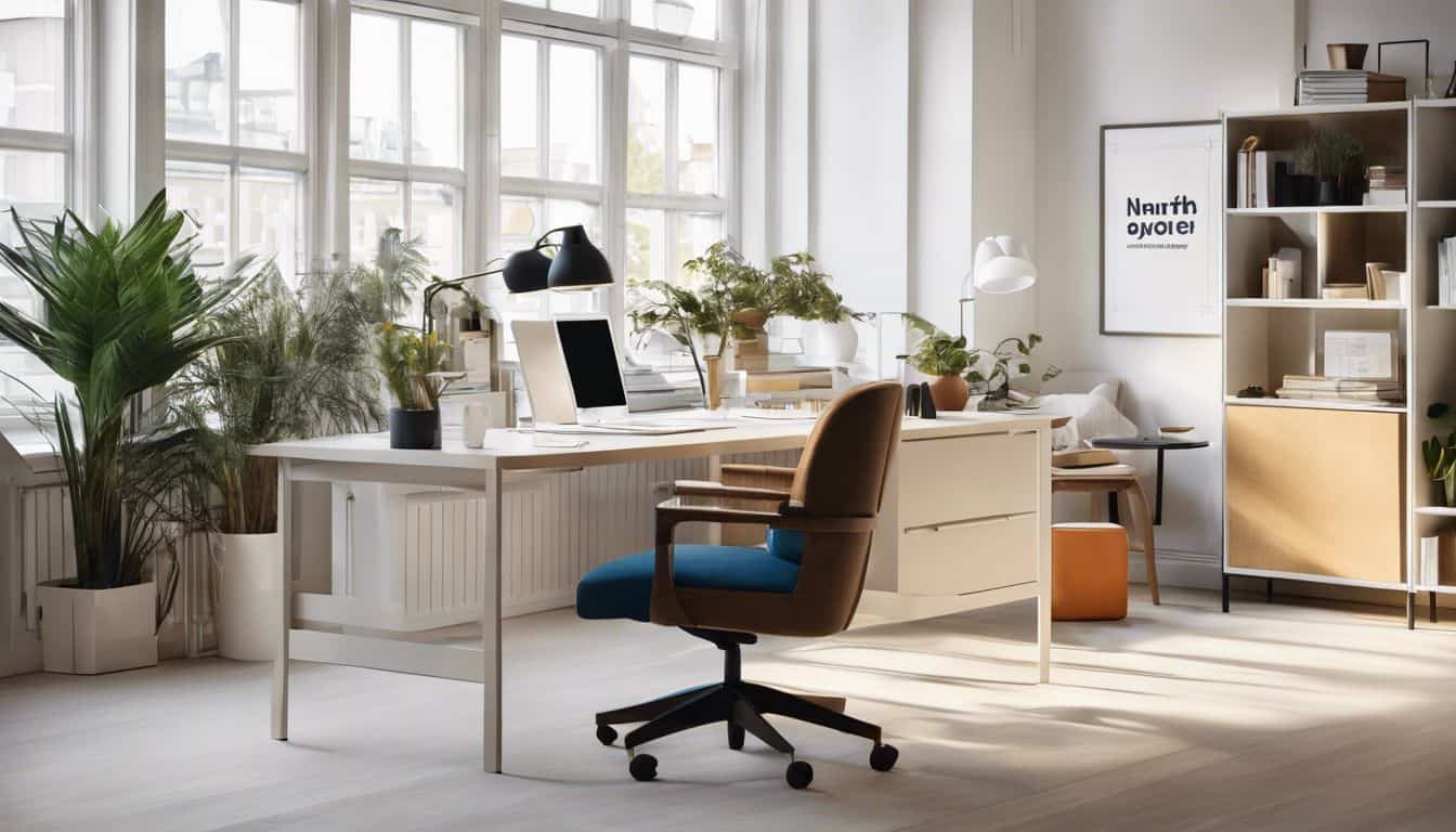 Een bureau in een modern Zweeds kantoor met Nederlandse bedrijfsmerken en kantoorbenodigdheden. Een bureau in een modern Zweeds kantoor met Nederlandse bedrijfsmerken en kantoorbenodigdheden.