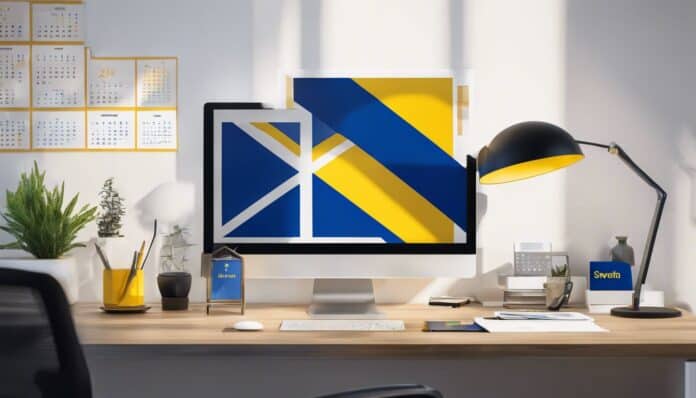 Een kantoor setup in Zweden voor een Nederlands bedrijf met vlaggen en kalender in beide talen.