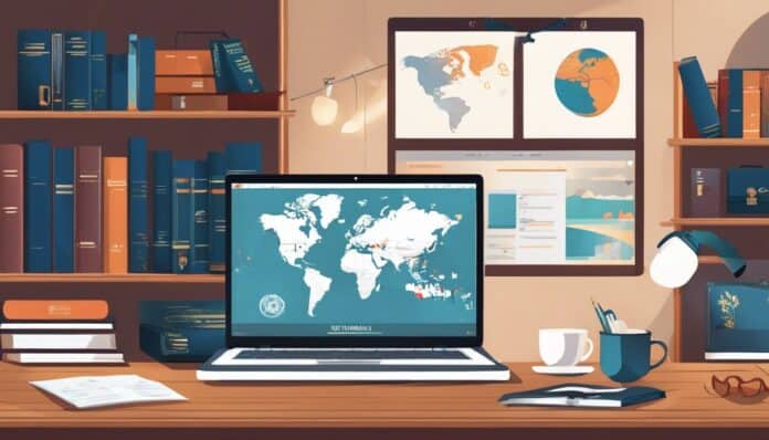 Een rustig thuiskantoor met laptop, belastingwebsite, boeken en wereldkaart.