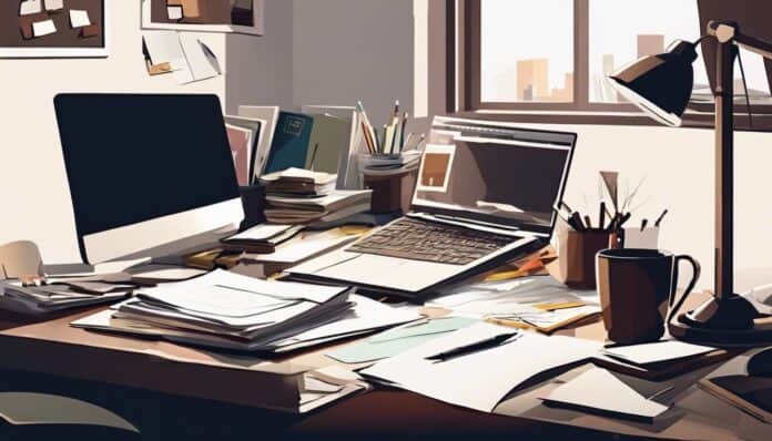 Een rommelig en chaotisch thuiskantoor met een laptop en papieren.