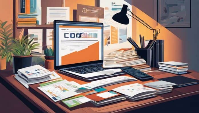 Een rommelig kantoor met overvolle bureau, laptop en stapel boeken.