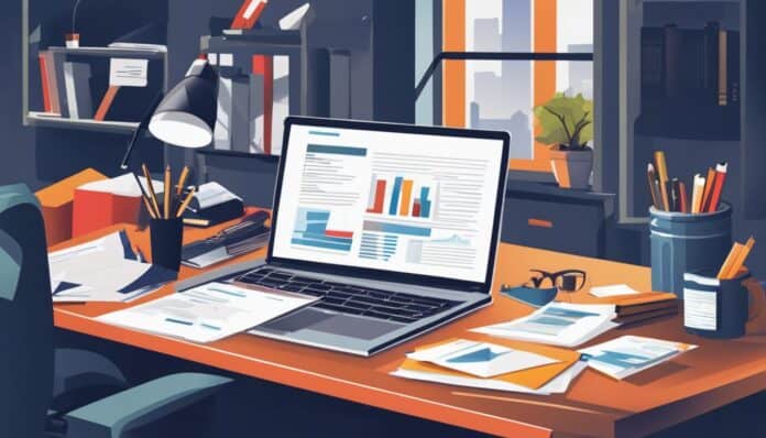 Een rommelig bureau vol met financiële documenten, contracten en bedrijfsrapporten.