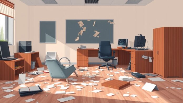 Een verlaten kantoorruimte toont schade en rommel na mogelijke aansprakelijkheidsclaims.
