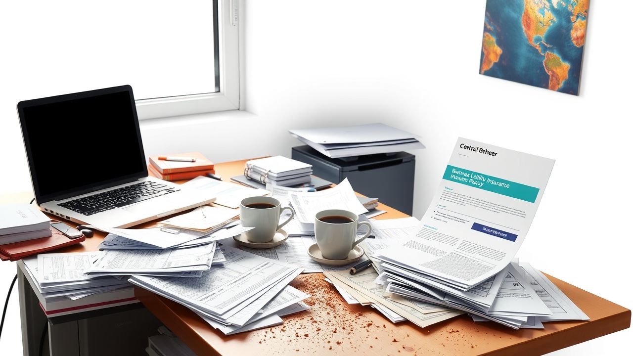 Een rommelig kantoor met verzekering van Centraal Beheer op bureau.