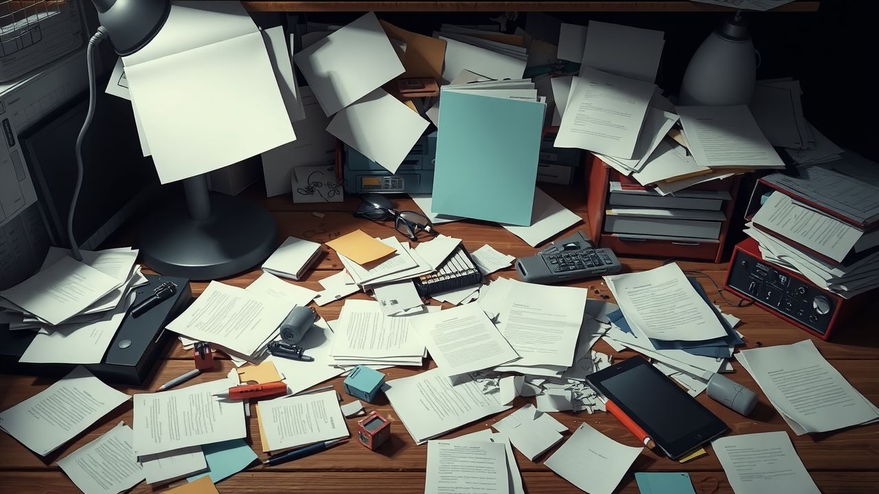 Een rommelig bureau met beschadigde spullen en wanorde. Een rommelig bureau met beschadigde spullen en wanorde.