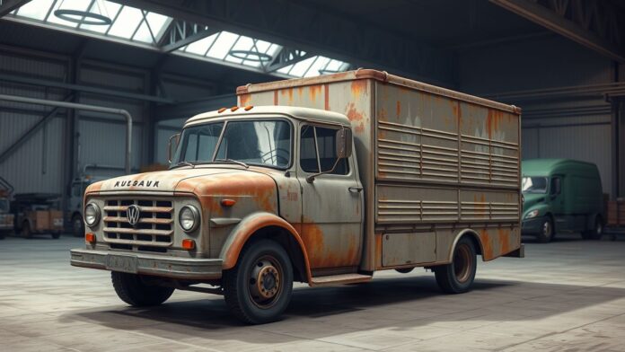 Een verroeste bezorgwagen in een industriële garage met een hint van potentie.