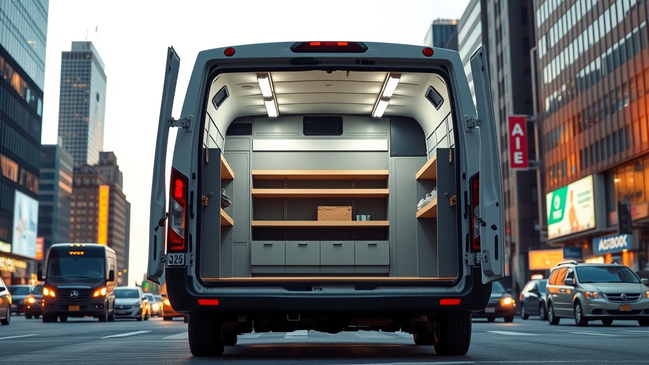 Een praktische bedrijfsbus geparkeerd in een druk stedelijk gebied bij zonsondergang.