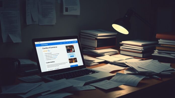 Een rommelig kantoor met een open laptop en papieren.