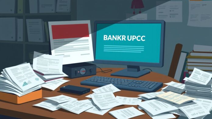 Een rommelig kantoor met financiële problemen en onbetaalde rekeningen.