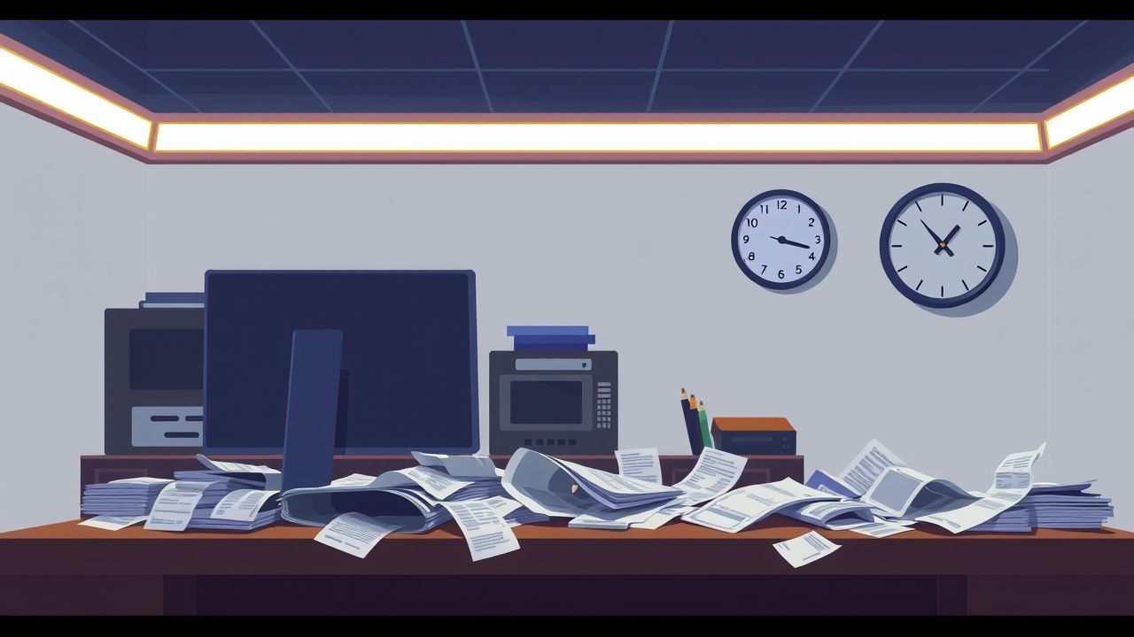 Een verlaten kantoor met een rommelig bureau en financiële problemen.