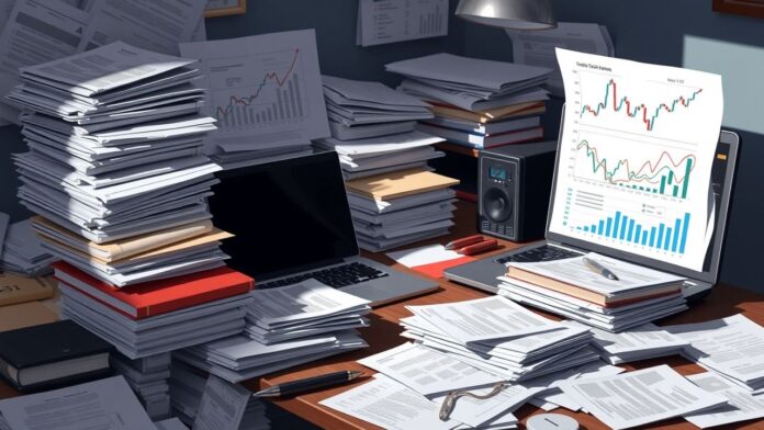 Een rommelig kantoorbureau met financiële problemen en chaos.