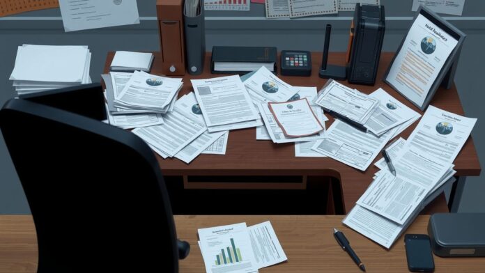 Een rommelig kantoor met verspreide financiële documenten en wanorde.