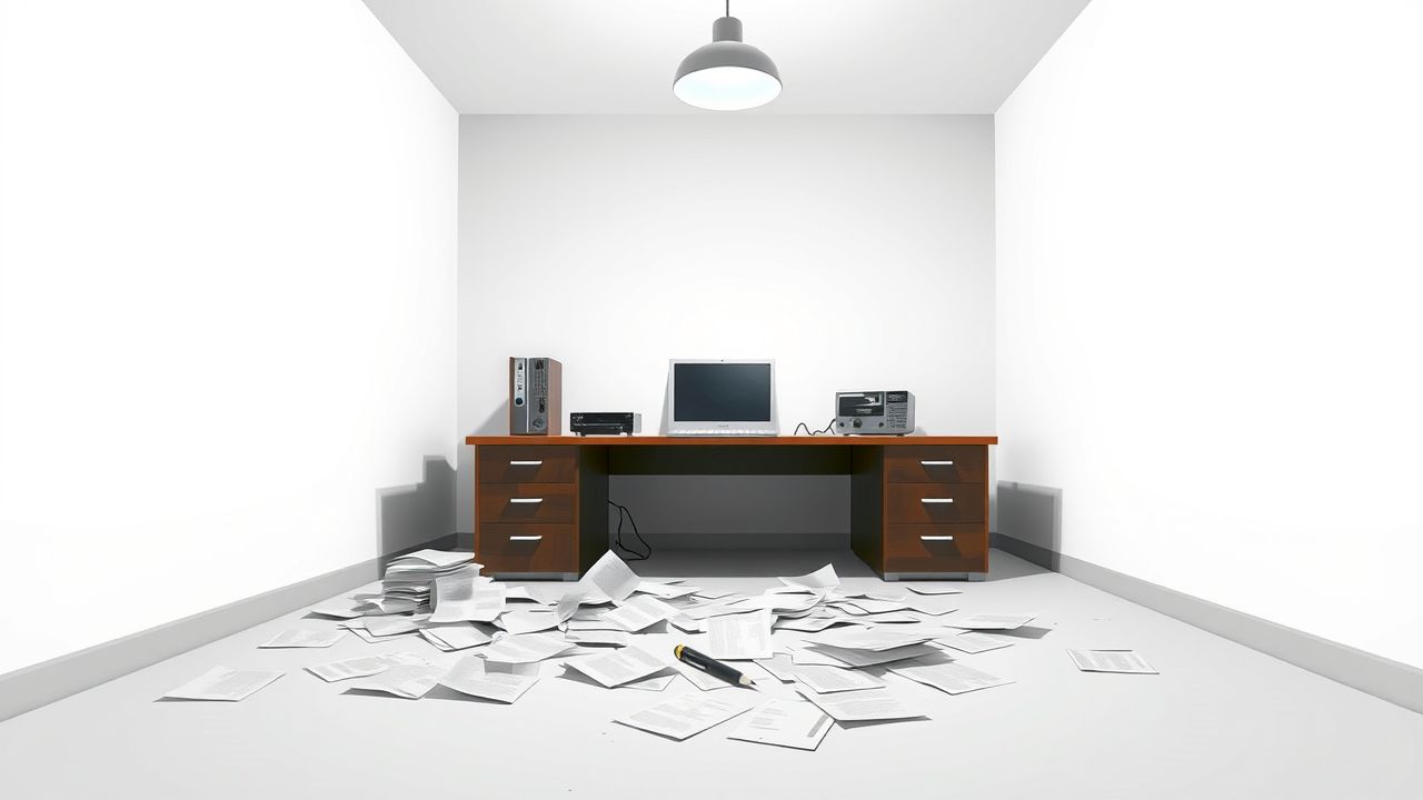Een verlaten kantoorbureau met rommelige papieren en een kapotte pen.