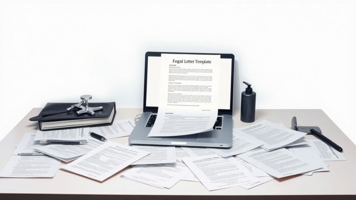 Een rommelig kantoor met legal papers, een laptop en beschadigd product.