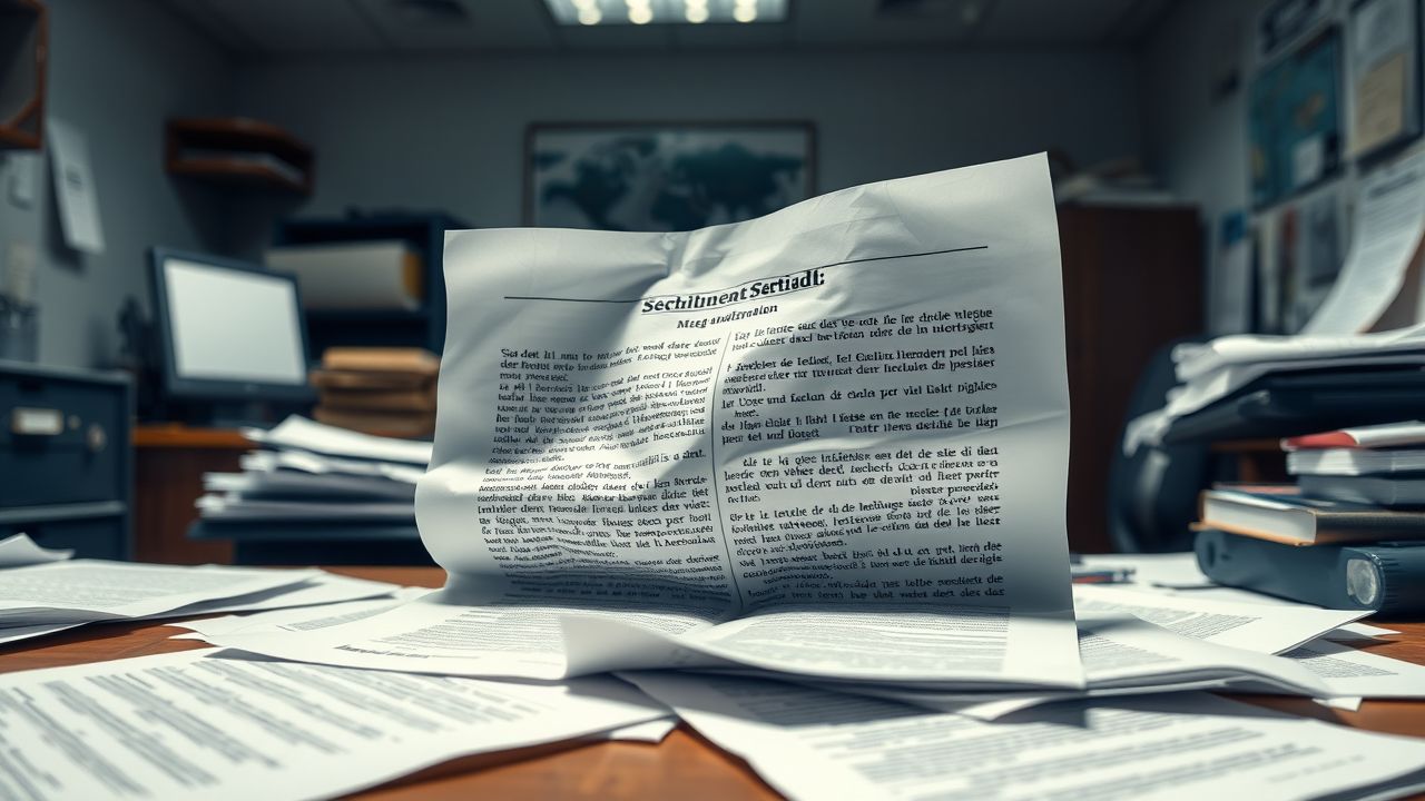 Een rommelig bureau met verspreide juridische documenten in een donker kantoor.