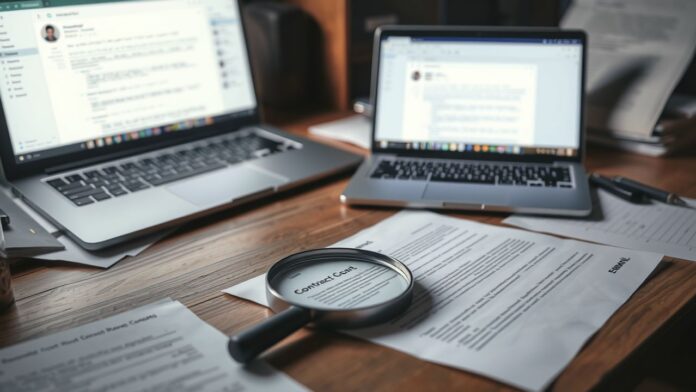 Een rommelig bureau met een open laptop en vergrootglas.