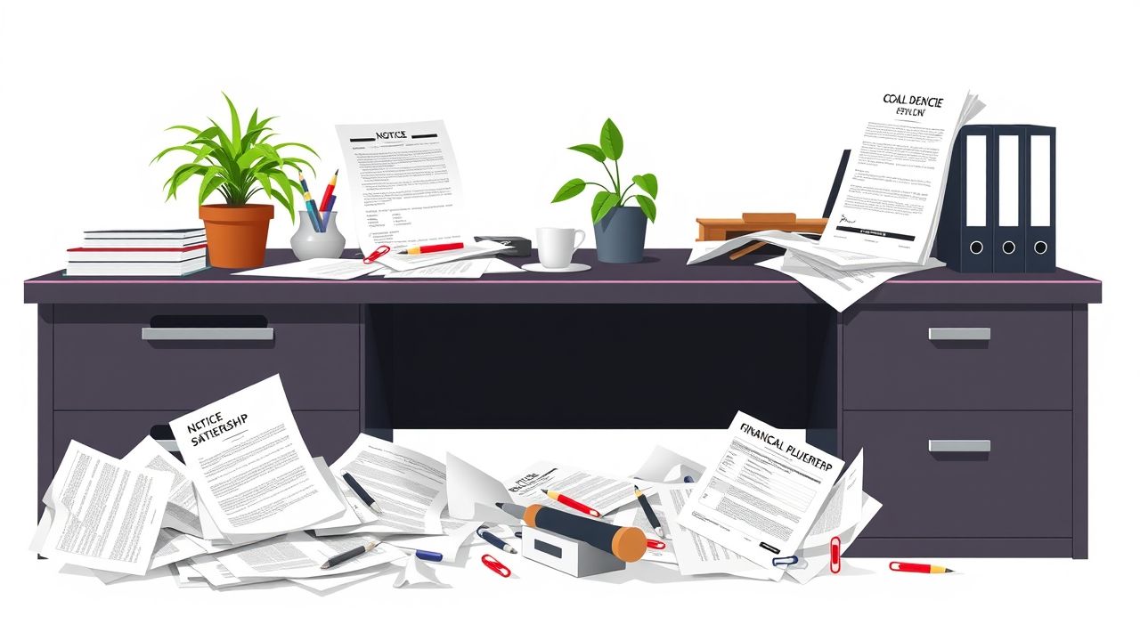 Een rommelig kantoorbureau met verspreide documenten en kantoorbenodigdheden. Een rommelig kantoorbureau met verspreide documenten en kantoorbenodigdheden.