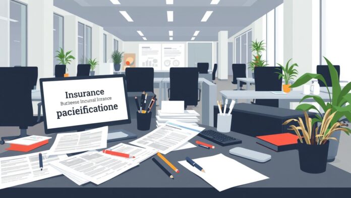 Een rommelig bureau in een modern kantoor met verzekering gerelateerde documenten.