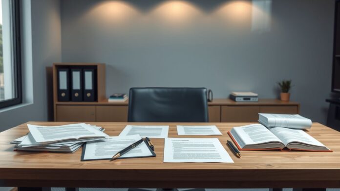 Een opgeruimd bureau in een modern kantoor, met juridische documenten en wetboeken.