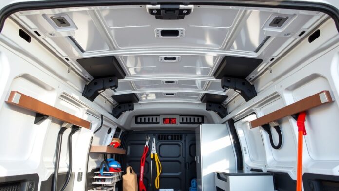 Dit is een afbeelding van het interieur van een commerciële bestelwagen met georganiseerde opbergruimtes en accessoires.
