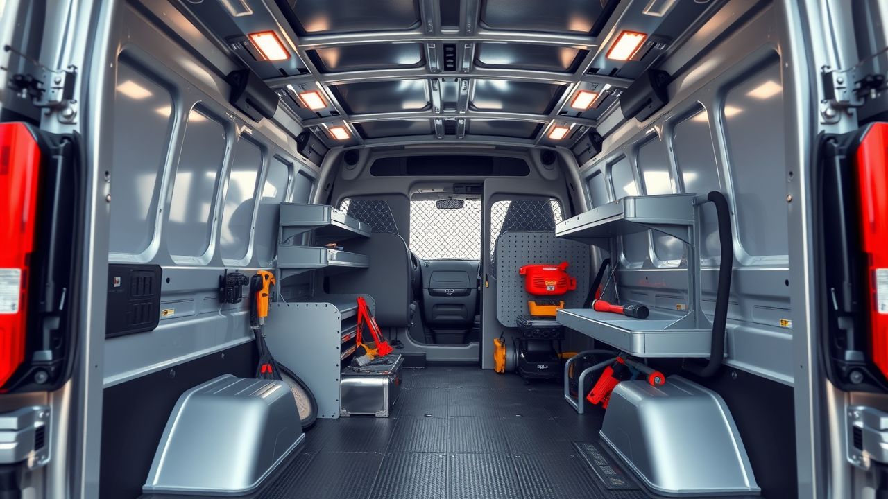 Een goed georganiseerde metalen bedrijfsbus met efficiënte opslagoplossingen. Een goed georganiseerde metalen bedrijfsbus met efficiënte opslagoplossingen.