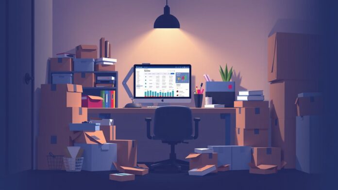 Een rommelig kantoor met e-commerce producten en een overvolle bureaublad.