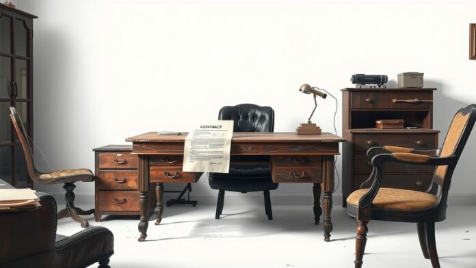 Een verlaten bureau met een verwaarloosd contract en tattered meubilair.
