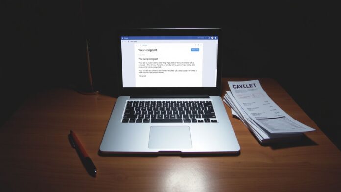 Een laptop op een bureau met een e-mailklacht naar een bedrijf.