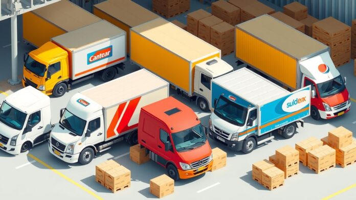 Een distributiecentrum met verschillende vrachtwagens en pakketten voor verzending.