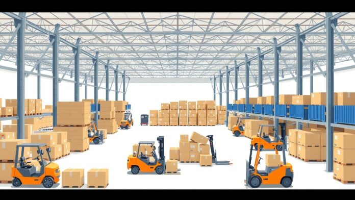 Een druk logistiek magazijn met stapels dozen en actieve heftrucks.