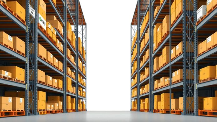 Een magazijn in Rotterdam met georganiseerde vrachtboxen van logistieke bedrijven.