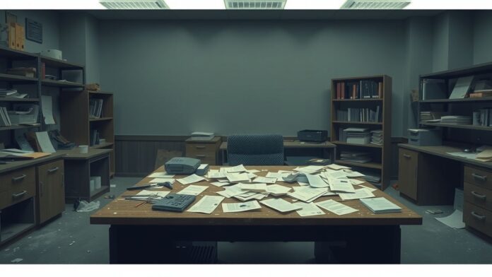 Een verlaten kantoor met rommelige bureau en stoffige meubels.
