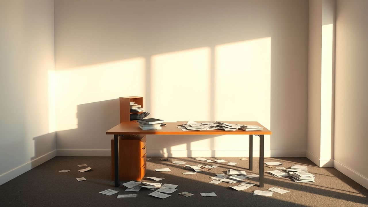 Een verlaten kantoorbureau met rommelige papieren, suggererend onzekerheid en sluiting. Een verlaten kantoorbureau met rommelige papieren, suggererend onzekerheid en sluiting.
