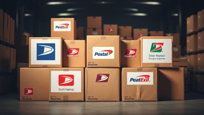 Verscheidenheid aan Nederlandse postbedrijven op kartonnen dozen in magazijn.