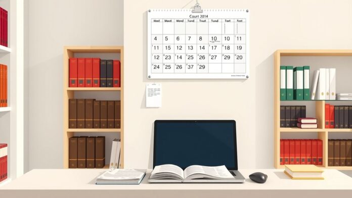 Een opgeruimd kantoor bureau met juridische documenten, laptop en boeken.