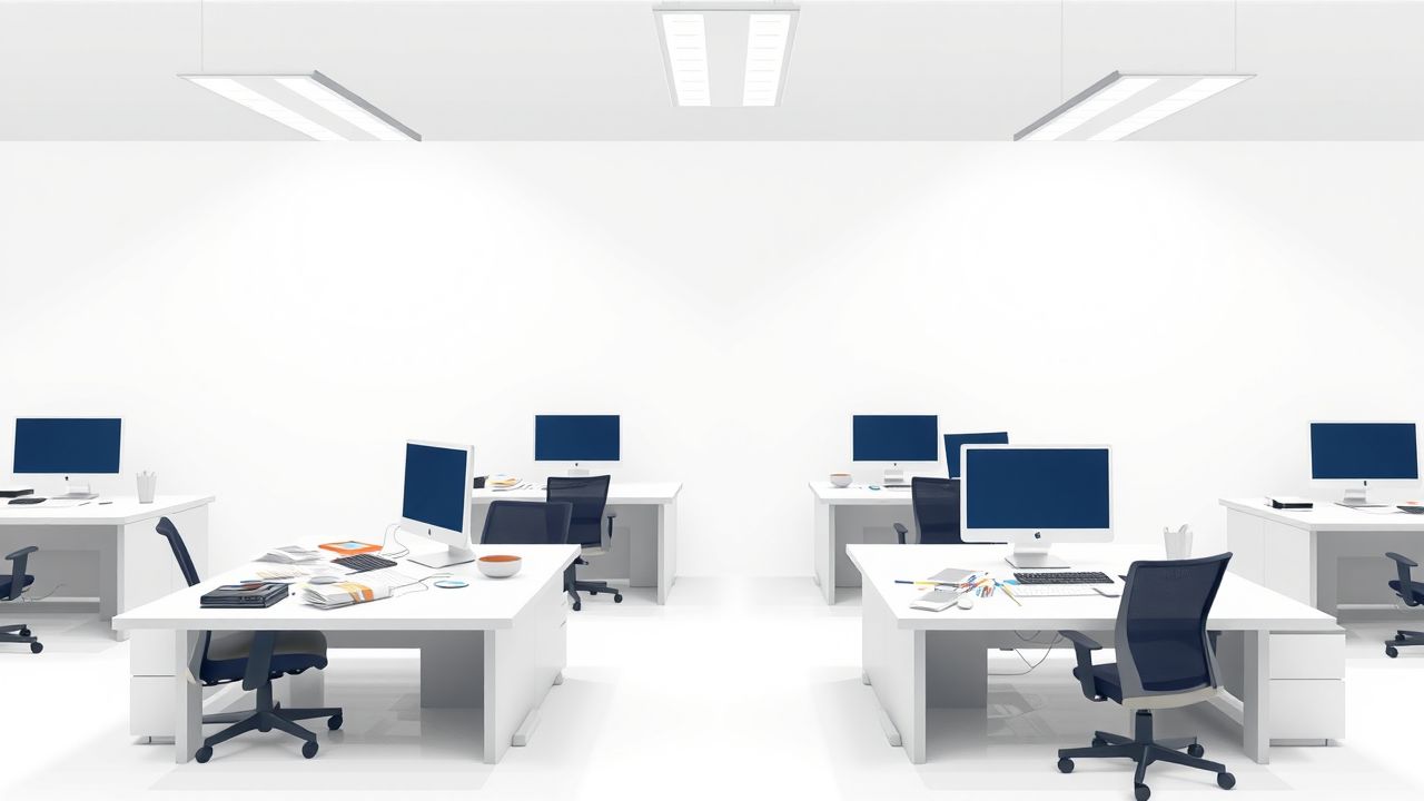 Een lege kantoorruimte met bureaus, computers en verspreide juridische documenten.