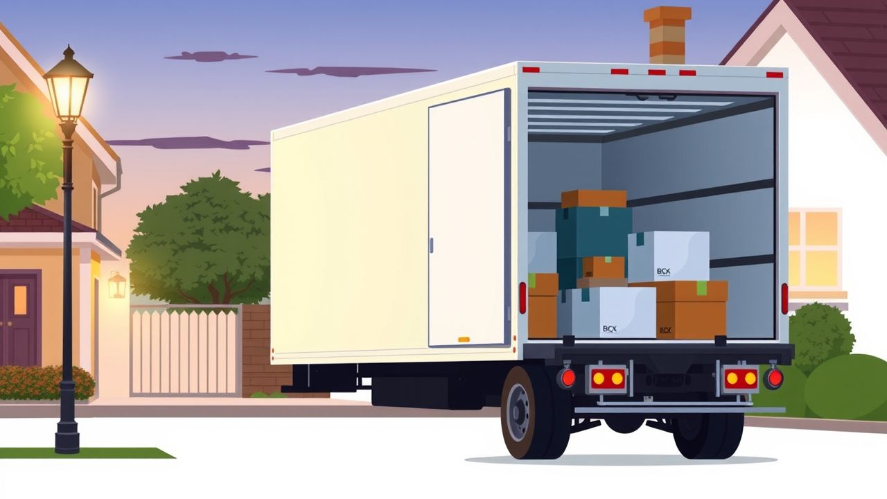 Een verhuiswagen geparkeerd buiten een huis met dozen en meubels.