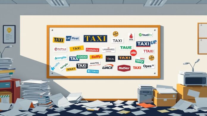 Een rommelig prikbord met verschillende taxibedrijfslogo's.