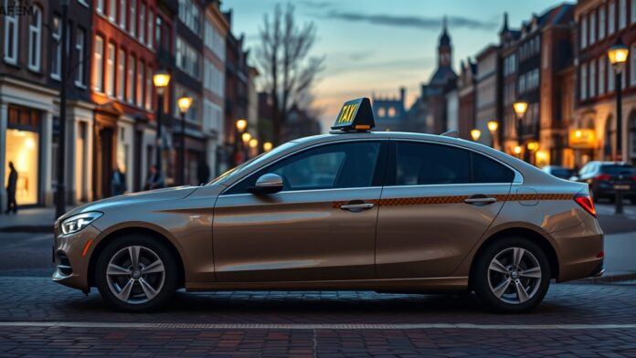 Een goed onderhouden taxi van Taxi Company Amsterdam geparkeerd op een straat in Amsterdam bij zonsopgang.