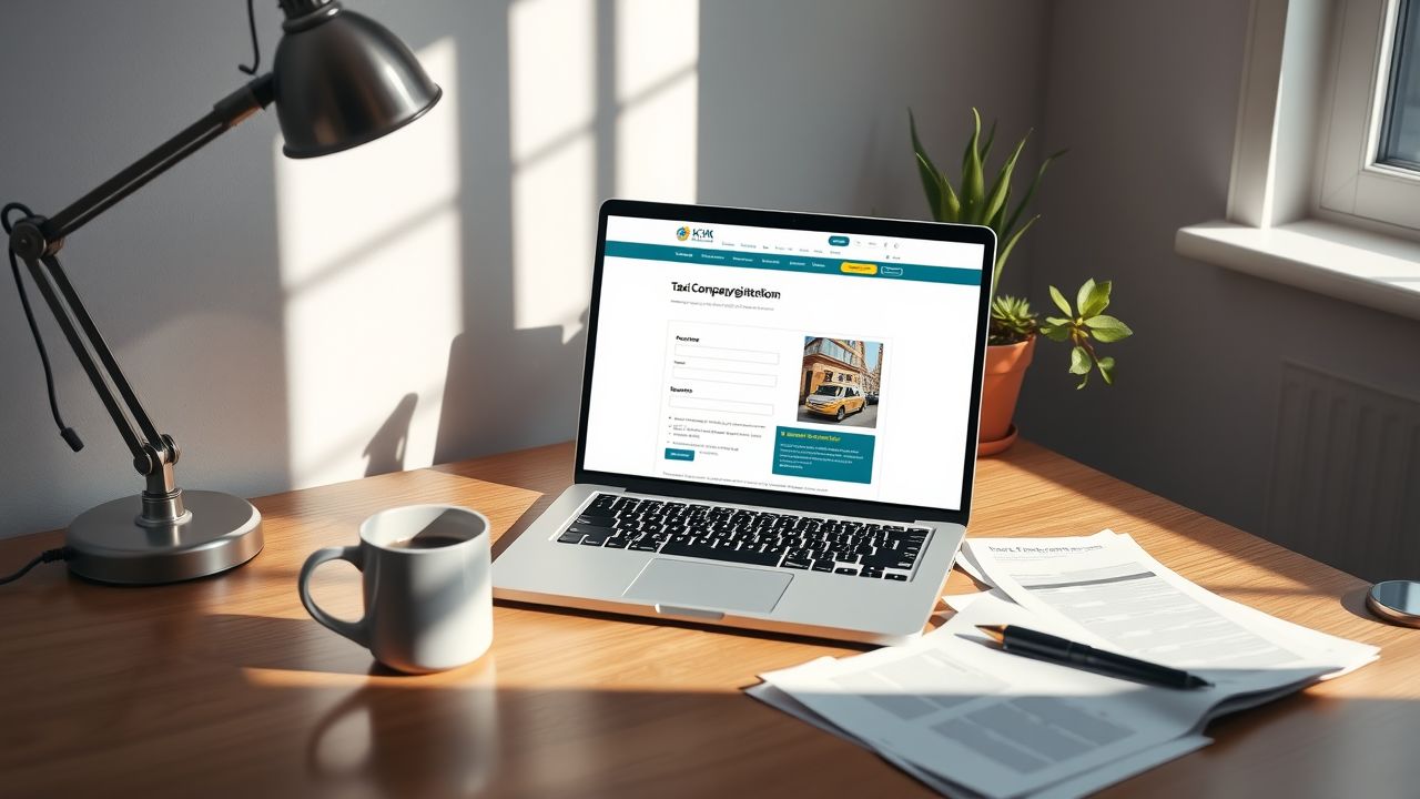 Een laptop op een houten bureau met KvK website en taxi bedrijf registratieformulier. Een laptop op een houten bureau met KvK website en taxi bedrijf registratieformulier.