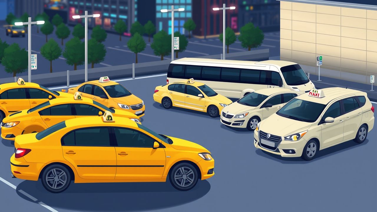 Een diversiteit aan taxis staat geparkeerd op een goed verlichte parkeerplaats. Een diversiteit aan taxis staat geparkeerd op een goed verlichte parkeerplaats.