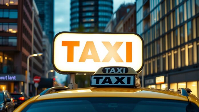 Een moderne taxibedrijfsbord oplichtend in het stadscentrum van Rotterdam.