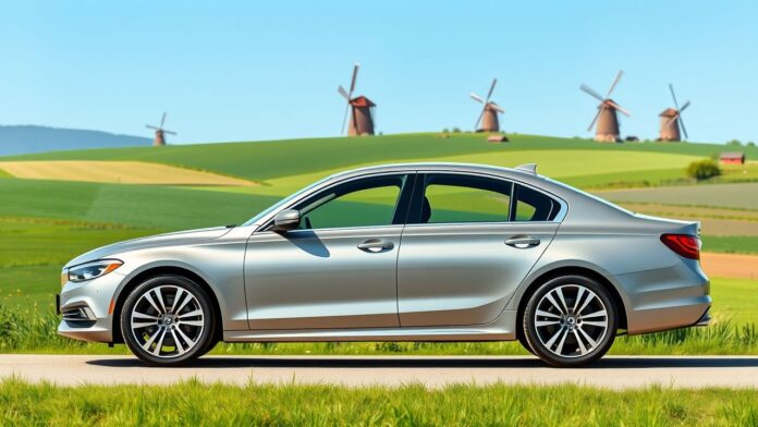 Een elegante sedan geparkeerd in een Nederlandse platteland landschap.