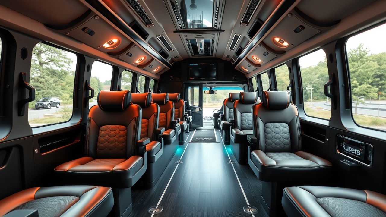 Een moderne VIP-tourbus van Kupers Touringcars, met een ruim en luxe interieur.