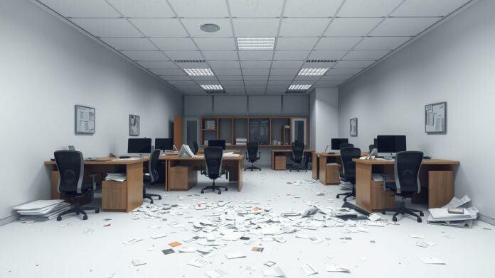 Een verlaten kantoorruimte met rommelige bureaus en verlaten stoelen.