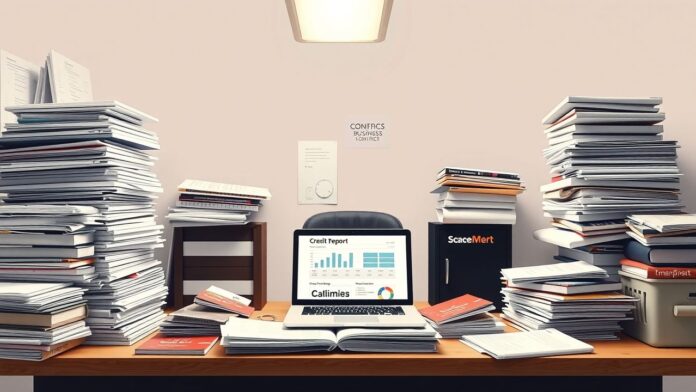 Een rommelig thuiskantoor met stapels papierwerk en een openstaande laptop.